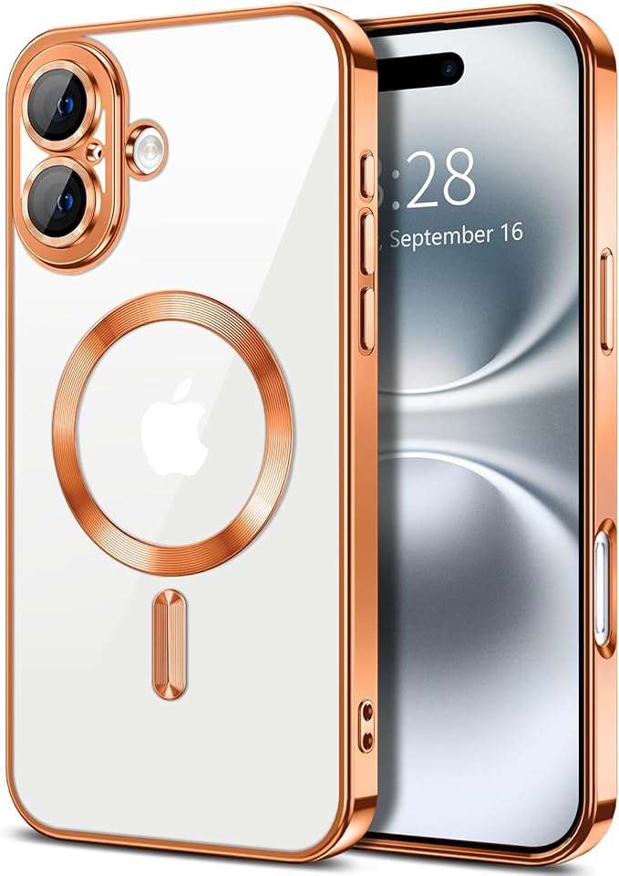Hython Magnetic Clear for iPhone 16 Plus Case with Camera Lens Protector [Compatible with MagSafe] Luxury Plating Edge Slim Soft TPU Cover Protective Phone Case for iPhone 16 Plus 6.7", Orange