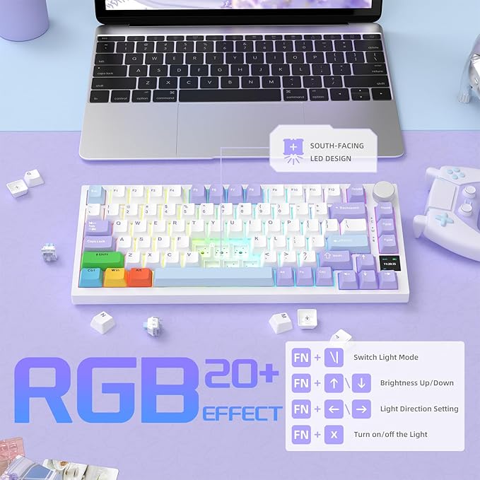 Attack Shark ajazz AK820 Pro 75% Mechanical Keyboard and Coiled Cable Hot Swappable Wireless 2.4GHz/Bluetooth/Wired TFT Screen & Knob Flying Fish Switch RGB Gasket Mount Custom Keyboard-Purple
