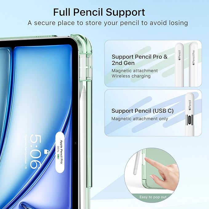 MoKo for iPad Air 11 inch Case (M4/M3/M2) 2026/2025/2024, iPad Air 5th/4th Gen 10.9 inch Case 2022/2020 with Pencil Holder, Slim Light Trifold Cover with Hard PC Translucent Back Shell, Agave Green
