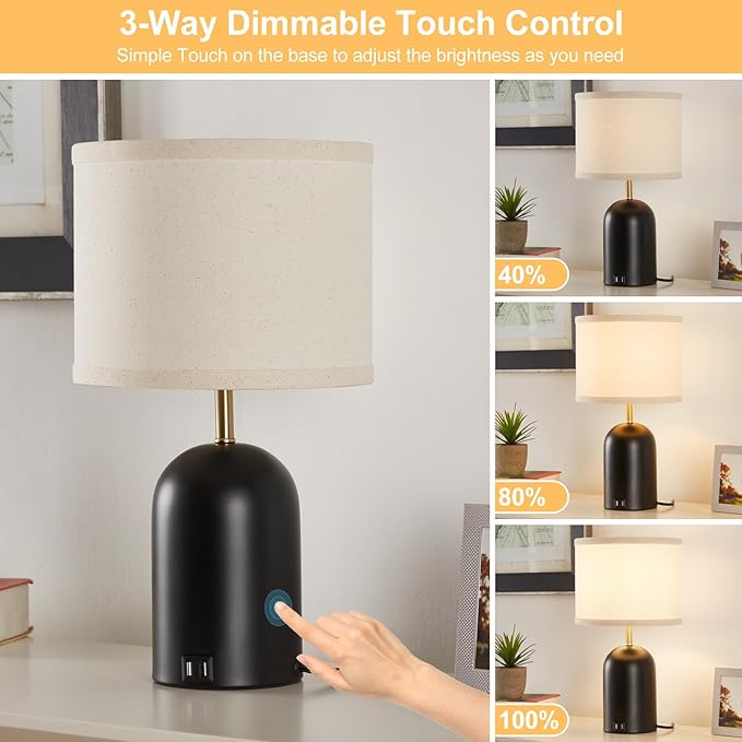 GyroVu Touch Control Table Lamps Set of 2, Modern Bedside Lamp with 2 USB Ports, Dimmable Gold and Black Nightstand Lamp with Fabric Shade for Living Room Bedroom Office Dorm(LED Bulbs Included)