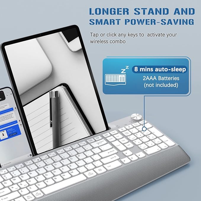 GAMCATZ Ergonomic Wireless Keyboard with Wrist Rest-Low-Profile,Phone/Tablet Holder,Quiet Design，Windows & Mac OS，Full Size Cordless USB Computer Keyboard for Desktop,Laptop, PC, Mac, Windows-White