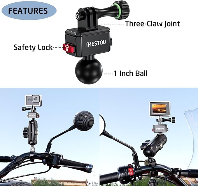 iMESTOU Action Camera Riding Mount with Three-Claw Joint for Gopro Motion Cameras, 1“ Ball Head 360° Adjustable Fits for RAM 1" Ball Bike Phone Mounts