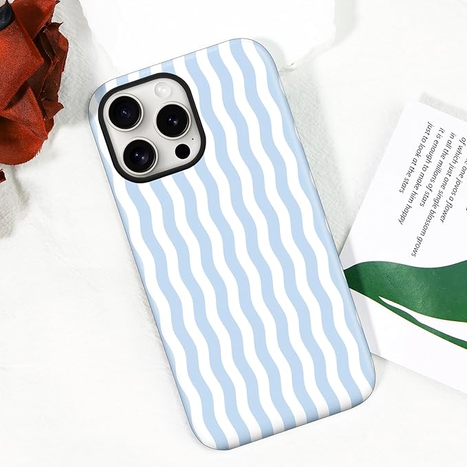 Magnetic for iPhone 15 Pro Max Case Cute Wavy Stripes Phone Case, Shockproof Slim TPU and Hard PC Protective Phone Cover Compatible with MagSafe Designed for Women Girls, Blue