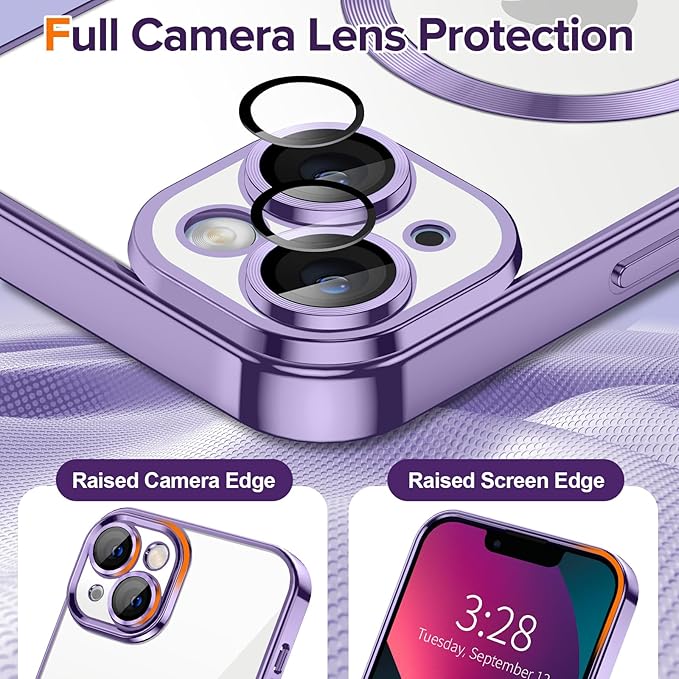 Hython Magnetic Clear for iPhone 13 Case with Camera Lens Protector [Compatible with MagSafe] Luxury Plating Edge Slim Soft TPU Cover Protective Phone Case for iPhone 13 6.1", Light Purple