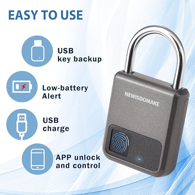 Fingerprint Padlock, Smart Padlock with Fingerprint or Remote Authorized Unlock, Biometric Lock Suitable for Luggage, Bookcase, Suitcase, Backpack, Bike, School Locker, Gym Locker Lock(Gray)