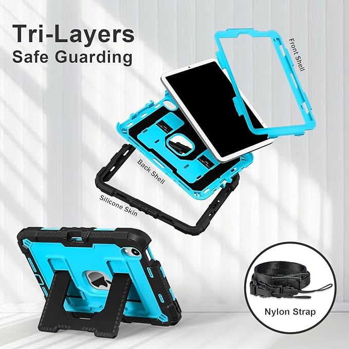 Kids Friendly Case for Apple iPad mini 7 A17 Pro 2024/iPad Mini 6 2021 8.3 Inch 7th/6th Gen Case with Pencil Holder & Shoulder Strap, Shockproof Kickstand Hard Shell Protective Cover,Black+Blue