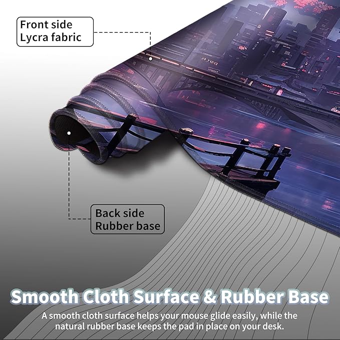 Gaming Mouse Pad, Keyboard Mouse Pad 31.5x15.7 inch XXL Large Computer Laptop Cool Desk Mat with Non-Slip Rubber Base and Stitched Edge for Home Office Work, Japanese Night View Cherry