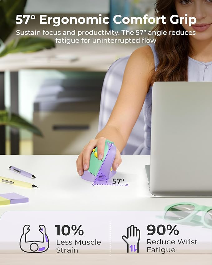 seenda Ergonomic Mouse Wireless, MOU-302 Bluetooth Vertical Mouse Rechargeable, Volume Knob, Silent Mice & 1000/1600/2400 DPI, 3 Multi-Device Connection for Windows/PC/Laptop/Mac/MacBook, Purple