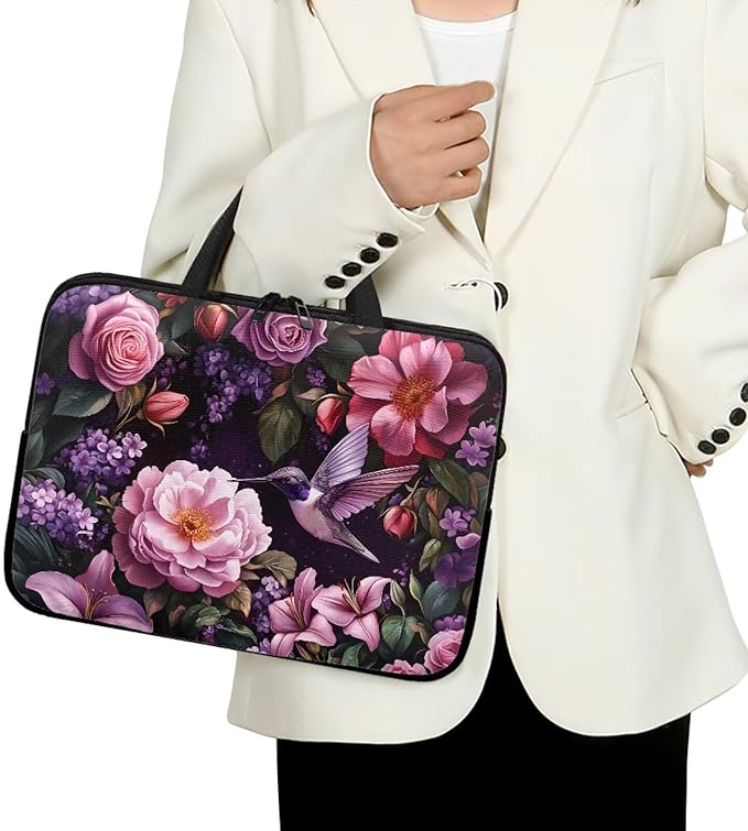 Hummingbird Bright Floral 12 Inch Computer Sleeve Tablet Portable Carrying Sleeve Case Bag Waterproof Laptop Tote Bag Notebook Messenger Briefcase Tablet Handbag for School/Office