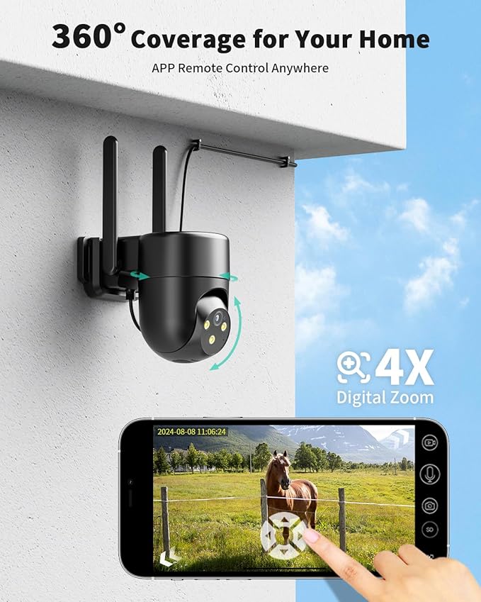 LIWAN 4G LTE Cellular Security Camera Wired, No WiFi Security Camera Outdoor, Plug-in for 24/7 Recording, 360° View, 2K Color Night Vision, 2-Way Talk, Built-in SIM Card, Black, 1 Pack