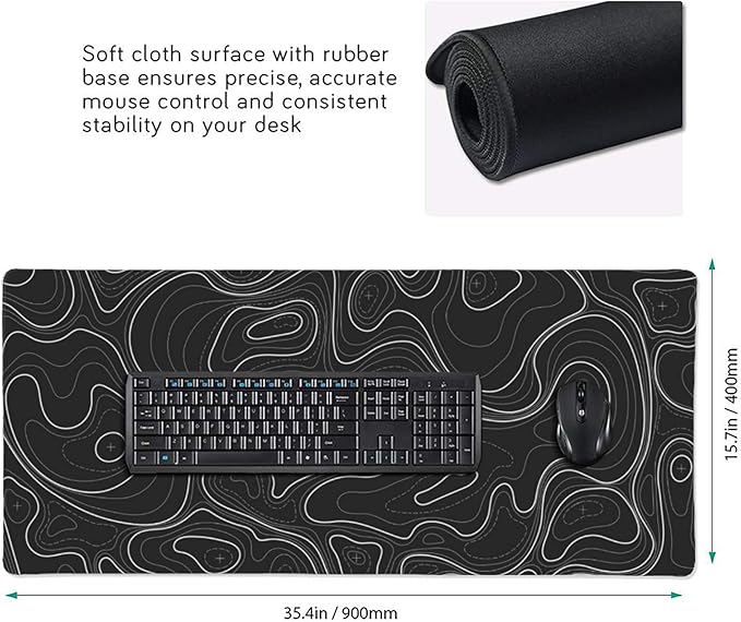 Large Gaming Mouse Pad Black Topographic Contour Mouse Pad with Stitched Edges & Nonslip Rubber Base Extended XXL Long Mousepad Big Desk Mat for Company Office Work, 35.4 x 15.7 in
