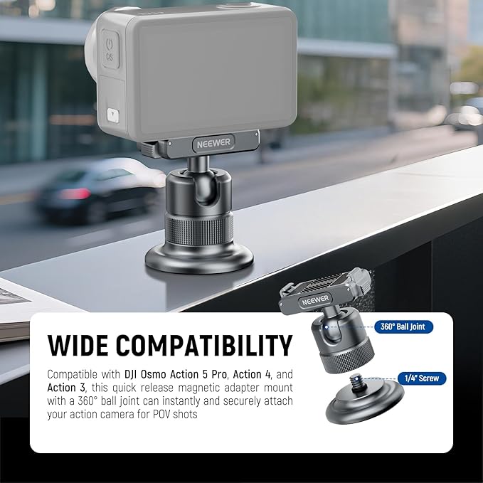 NEEWER Magnetic Camera Mount Compatible with DJI Osmo 360 / Action 5 Pro/4/3, 360° Quick Release Ball Head Adapter Mount 1/4" Thread for POV Shots, Camera Cage, Selfie Stick, Tripod, AC013 Dark Gray