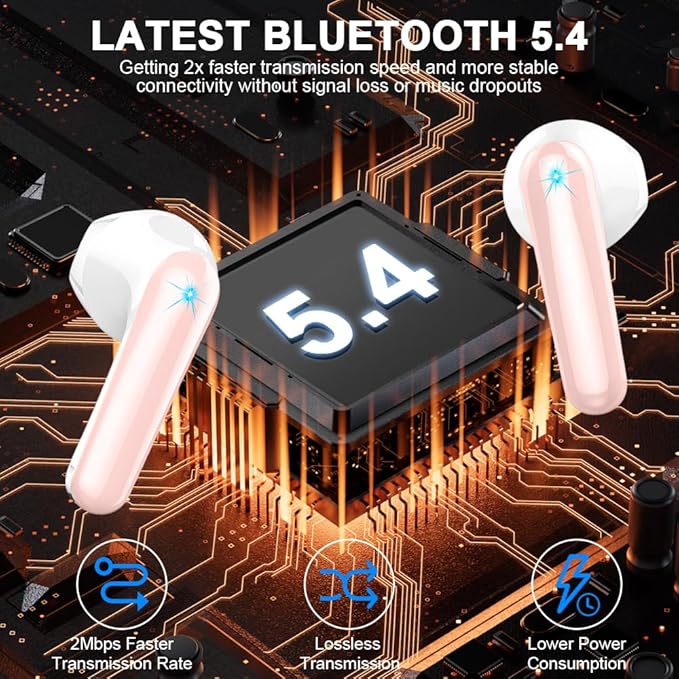 Wireless Earbuds, Bluetooth 5.4 Headphones 50H Playback Bass Stereo Ear Buds with 4 ENC Cancelling Mics, Bluetooth Earbuds Dual LED Display IP7 Waterproof in-Ear Earphones USB-C for Android iOS Pink