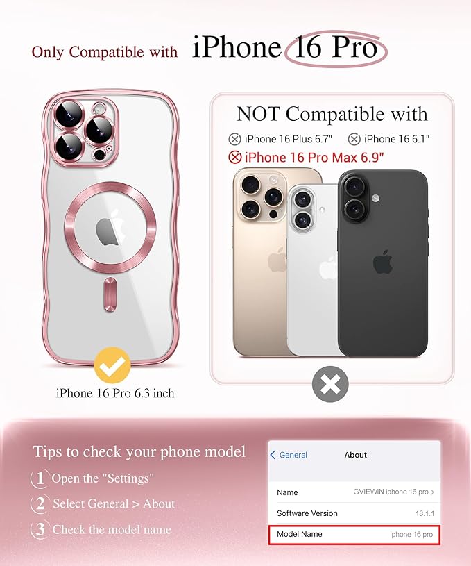GVIEWIN for iPhone 16 Pro Case Compatible with MagSafe, Upgraded [Full Camera Protection][Cute Wave Frame][Military Grade Protection] Electroplated Soft Phone Cover for Women Girl, Clear/Pink