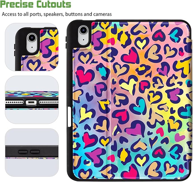 for iPad (A16) 11Th/10Th Generation Case 2025/2022, for iPad A16 Case 11Th/10Th Generation, 10Th/11Th Gen Slim Cover Pencil Holder & 4 Viewing Angles & Typing Stand, Colorful Love Leopard