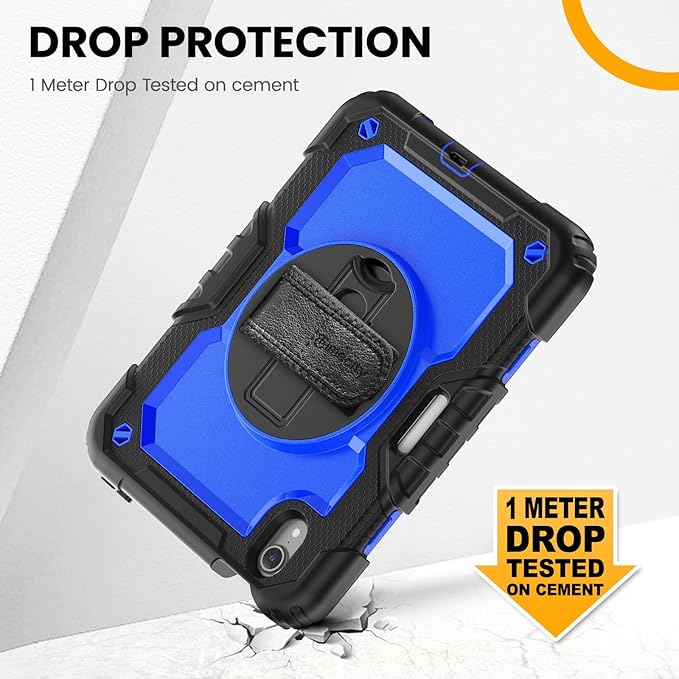 Timecity Case for iPad mini 7 (A17 Pro) 2024/ Mini 6 2021 8.3 inch, Full-Body Drop Protection Case with Screen Protector Pencil Holder&Rotating Stand Hand Strap for iPad mini 7th/6th Gen-Dark Blue