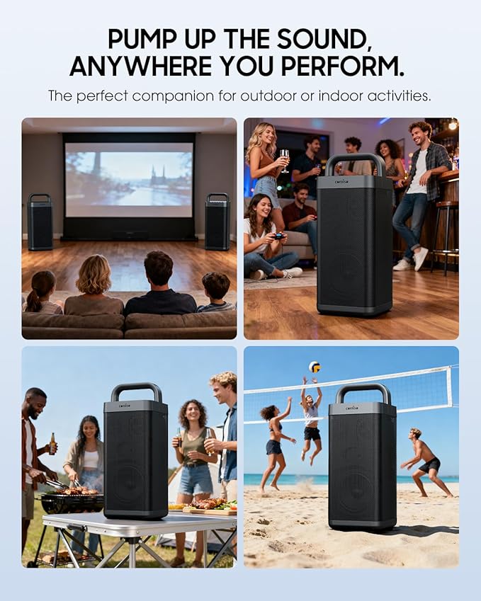 COMISO Portable Bluetooth Speaker with Deep Bass,150W Peak, IPX6 Waterproof Outdoor Speaker with 12H Playtime,Power Bank Function, Party Speaker with USB/AUX/Mic Inputs, Speakers for Home,Beach&Travel