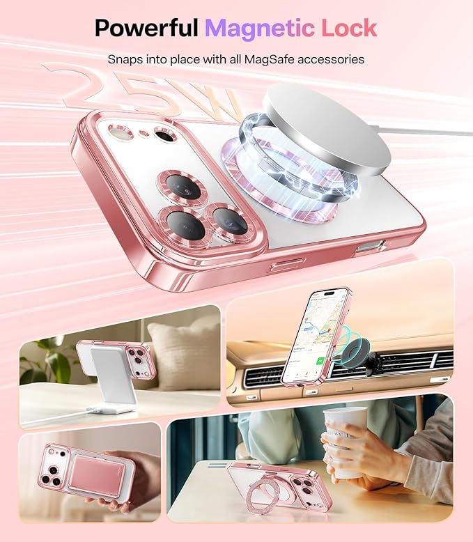 Meifigno Designed for iPhone 17 Pro Case 6.3", [Glitter Card & Wrist Strap][Compatible with MagSafe][2X HD Screen Protectors] Surround Raised Lens Protection for 17 Pro Phone Case for Women, Rose Gold