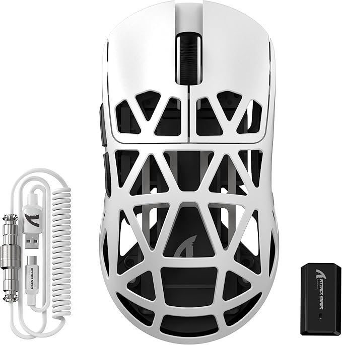 ATTACK SHARK R2PRO 45g Superlight Magnesium Alloy Mouse, PixArt PAW3950 Sensor, 42000DPI, 8000Hz Wireless Polling Rate, 2.4G/BT/Wired Gaming Mouse, Programmable Mice with Coiled Cable, PC/Mac, White