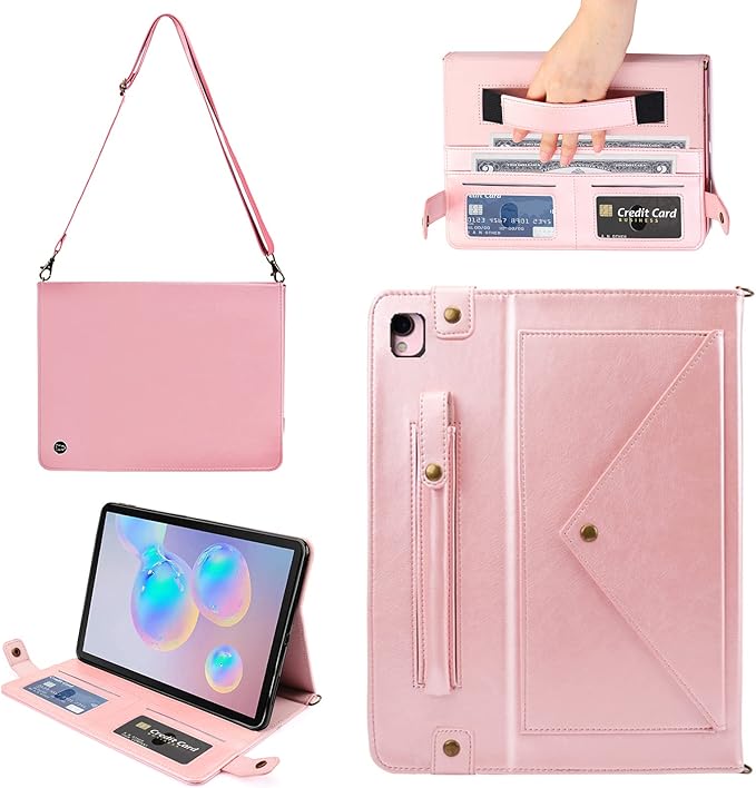 Case for iPad Air 3rd Gen/iPad Pro 10.5/iPad 10.2, Techcircle Smart Folio Stand PU Leather Cover with Hand Strap, Crossbody iPad Case w/Pencil Holder Card Slots Envelope Pocket Wallet Case, Rose Gold