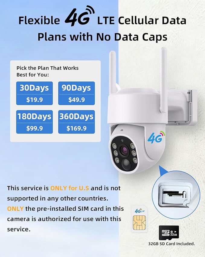 Ameyes 4MP 4G LTE Cellular Security Cameras Wireless Outdoor, Solar Cameras for Home Security 32GB SD Card & SIM Card, Night Vision, PT 360 Camera, 2-Way Audio, Motion Detect, No WiFi & Wire (White)