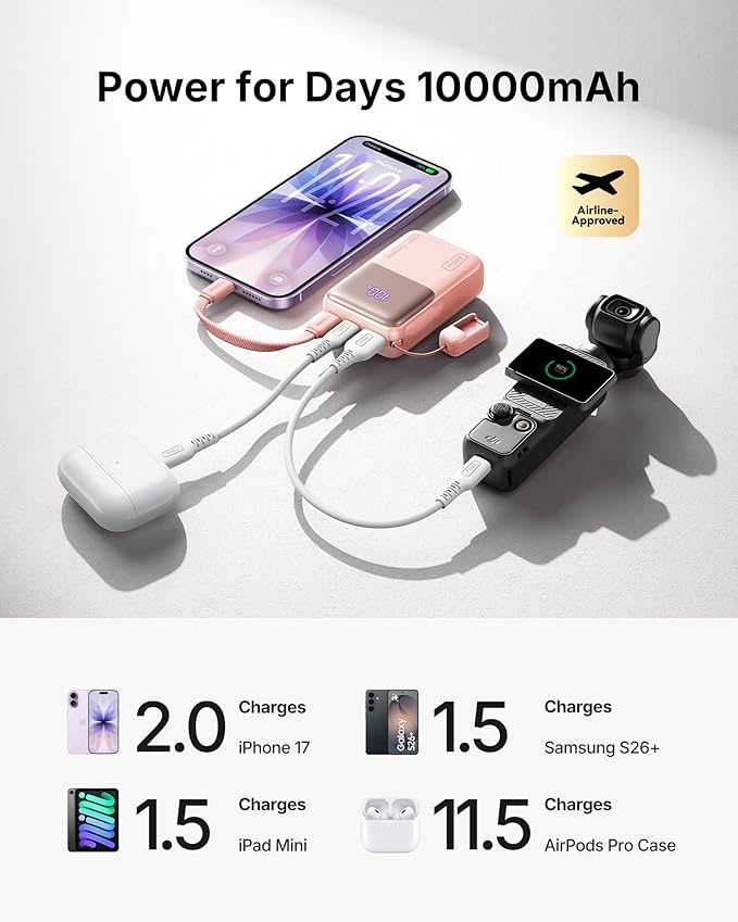 INIU Portable Charger, Ultra Mini 10000mAh 45W Fast Charging Power Bank, USB C Battery Pack with Cable, Flight-Safe Travel Powerbank for Women, Influencer, Student, Young People,Travel, Light Pink