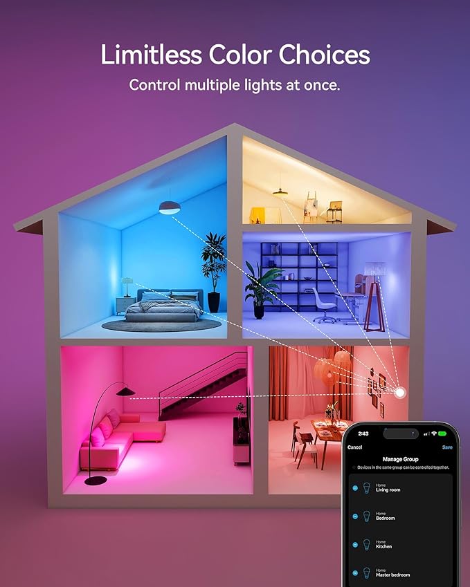 Matter Smart Light Bulbs, Color Changing Light Bulb, hub Required, A19 60W,2.4Ghz WiFi only,Compatible with Alexa Google Assistant, Apple Home,16 Million Colors RGBCW 800 Lumen,4 Pack