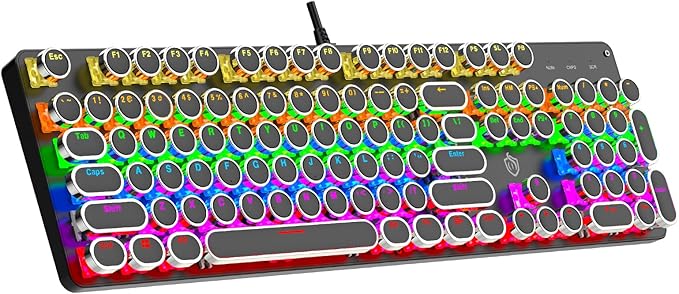 Typewriter Mechanical Gaming Keyboard with RGB Backlit Red Switches, 104 Keys Retro Round Keycap, Wired Typewriter Style Comfortable Typing Soud (L-Black)