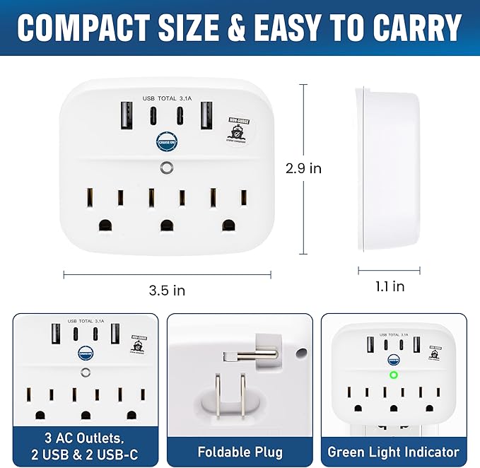 Cruise Approved Power Strip Foldable, Non Surge Protector Travel Power Strip, 2 USB-C, 2 USB, 3 AC Outlet Plugs - Cruise Essentials for Carnival, Celebrity, Princess & Major Lines in 2026 & 2027