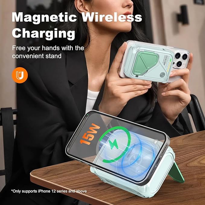 SEANCHEER P05 Portable Charger, Magnetic Power Bank, Small PowerBank, Battery Pack10000mAh Travel Essentials Fast Charging with Built in Cable, Foldable Wall Plug for iPhone,Samsung,Andriod (Green)