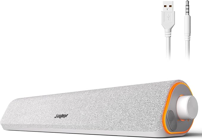 SOULION R50 Bluetooth Computer Speakers, 3.5mm PC Sound Bar for Desktop Monitor, Wired USB Powered & Colorful LED Lights with Switch Button, Surround Sound Soundbar PC Spearkers for Computer, White