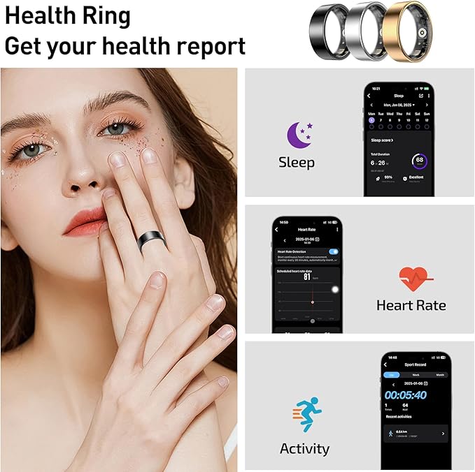 Smart Health Ring for Women Men Fitness Tracker with Heart Rate, Blood Oxygen,Sleep Monitoring, Step Counting, IP68 Waterproof for iPhone and Android, No Subscription (Bright Silver, 6)
