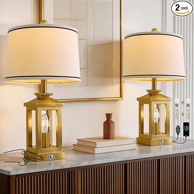 G-SAFAVA 24" Table Lamps for Living Room Bedroom Modern Gold Bedside Lamps Set of 2 Nightstand Lamps for Night Stands 3 Way Dimmable Touch Lamp with USB C+A Ports and 2 Light Sources, 4 Bulbs Includes