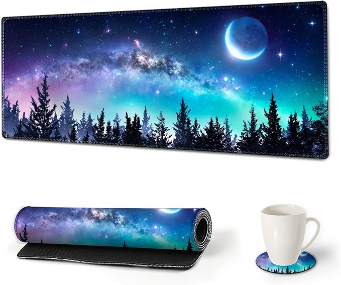 AIMSA Large Gaming Mouse Pad Extended Mouse Pad with Stitched Edge, Keyboard Mouse Mat Non-Slip Rubber Base Desk Pad 31.5x11.8 inch for Office Home Game Work, Forest Moon Sky