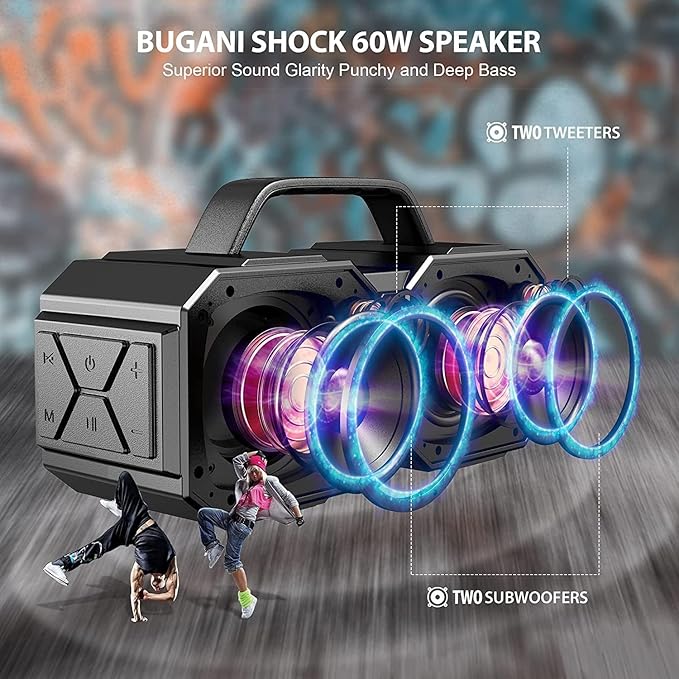 BUGANI Shock Bluetooth Speaker, Portable Bluetooth 5.3, Waterproof, 60W Super Power, Outdoor Speaker, Black(New Model)