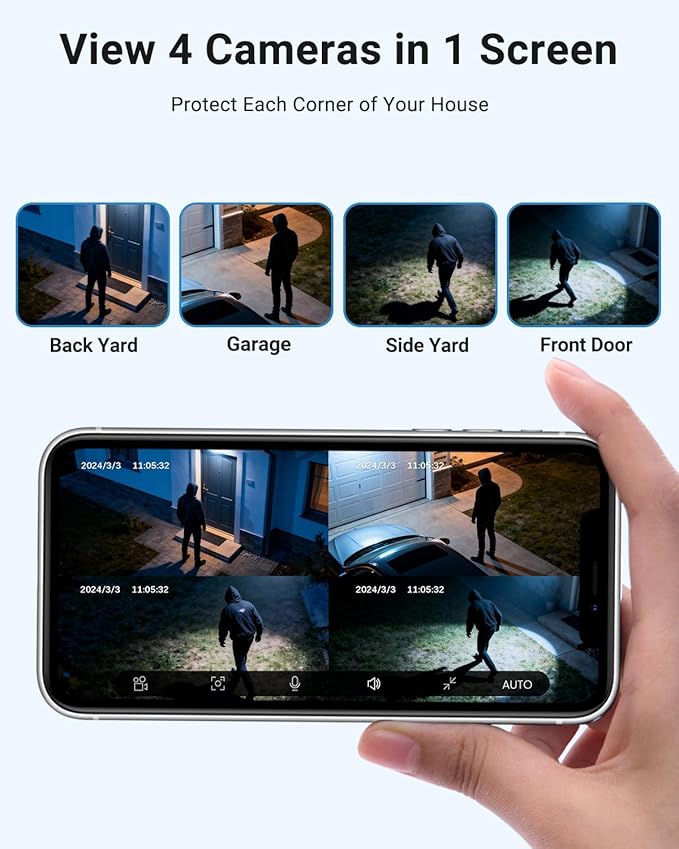 Solar Camera Security Outdoor - AOV 24/7 Recording Security Cameras Wireless Outdoor with 360° View, Human Auto Tracking, 2K Night Vision, Compatible with Alexa/Google Assistant (4 Pack)