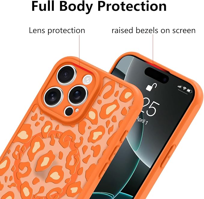 KANGHAR Case for iPhone 16 Pro Max Orange Leopard Printed Pattern Cute Cheetah [Compatible with Magsafe] Protective Magnetic Case for Girls Women 6.9"