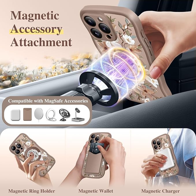 GVIEWIN for iPhone 16 Pro Max Case Compatible with MagSafe [Curly Wave Edge][Full Camera Protection] Floral Translucent Shockproof Magnetic Women Phone Case for 16 Pro Max, Dogwood/Brown