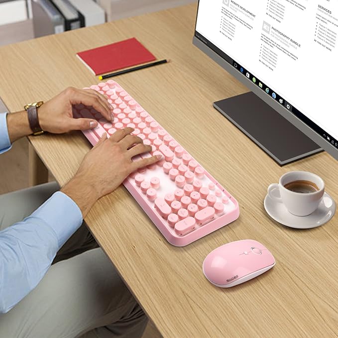 Pink Keyboard and Mouse Wireless, Cute Typewriter Style Round Key Keyboard, 2.4GHz Full Size Aesthetic Retro Bubble Creamy Keyboard and Mouse Set for Long Nails PC Laptop Desktop Computer