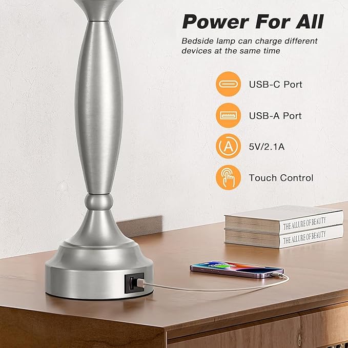 Seealle 25.5" Touch Bedside Lamps for Nightstand Set of 2 - Bedroom Lamps with USB C+A, 3 Way Dimmable Nightstand Lamps, Brushed Nickel Table Lamps for Living Room (Bulbs Included)