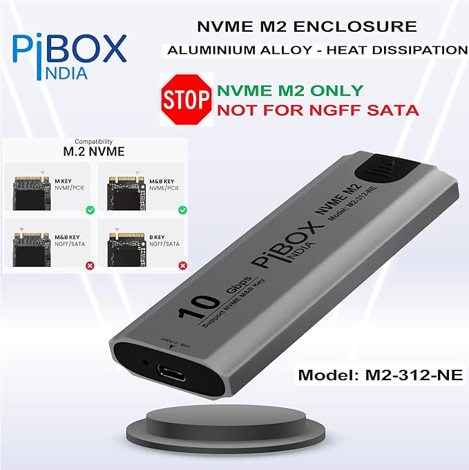 NVME M2 Enclosure, PiBOX India NVMe SSD Enclosure - USB 3.2 10Gbps, Tool-Free M.2 NVMe Case, PCI-E NVMe Reader, USB-C, Supports M & B&M Keys, 2230/2242/2260/2280 SSDs, REALTEK RTL9210 Chipset