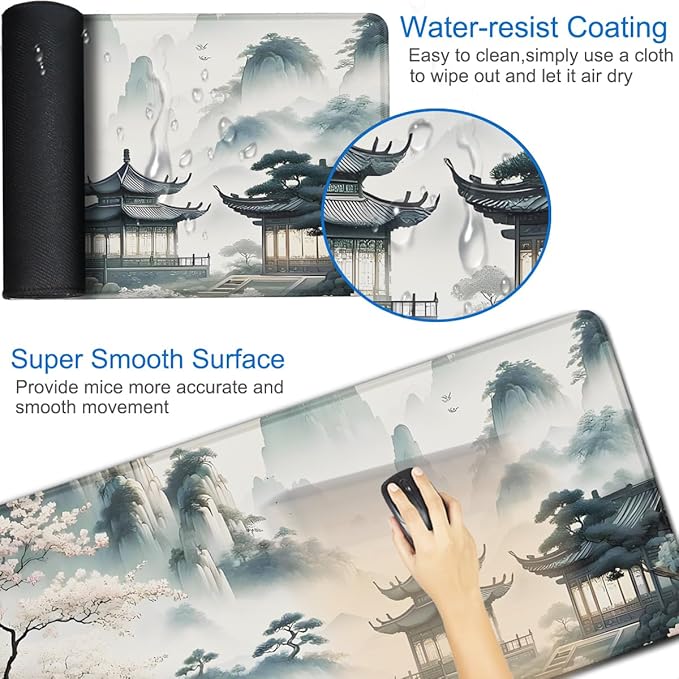 Large Gaming Mouse Pad, 31.5x15.7 inch Large Extended Computer Keyboard Mouse Mat, Water Resist Non-Slip Mousepad Rubber Base Long XXL Mouse Pad for Work & Gaming, Office & Home, Sakura Ancient City