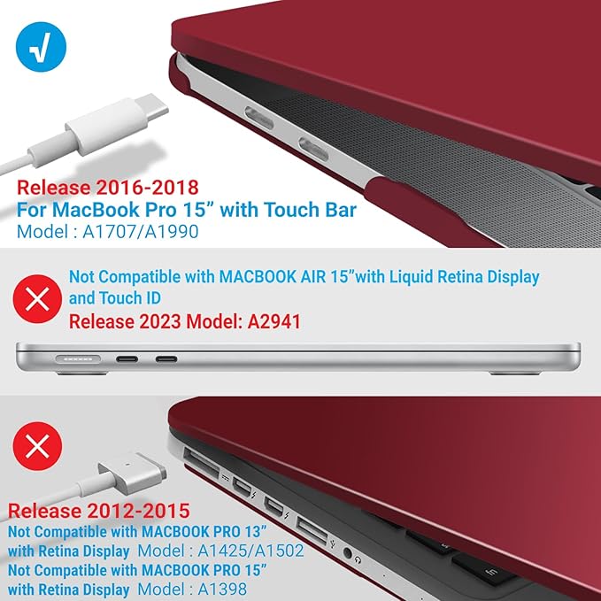 IBENZER Compatible with MacBook Pro 15 Inch Case A1990 A1707, Hard Shell Case with Keyboard Cover & Type C Adapter for Mac Pro 15 Touch Bar, Wine Red, T15-WR+1TC A