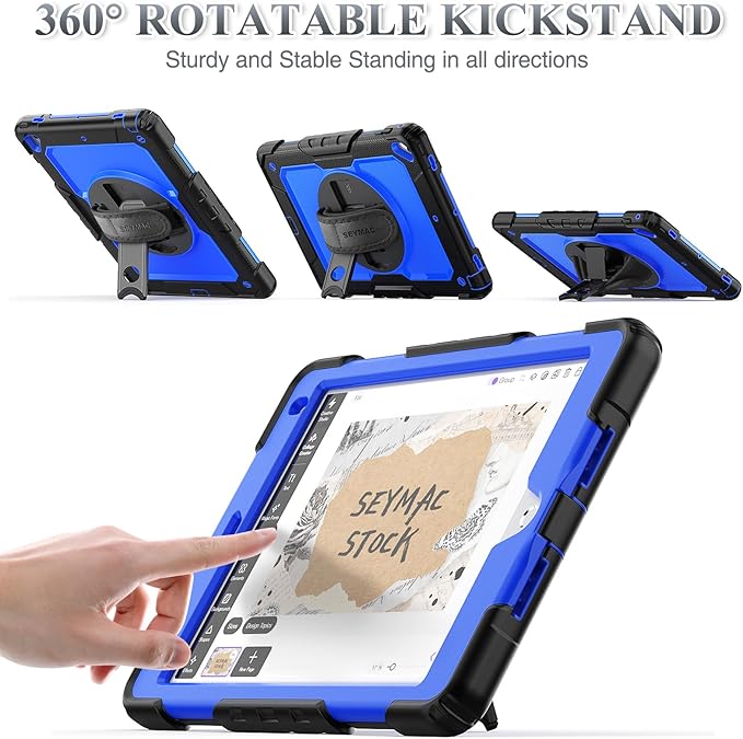 SEYMAC stock Case for iPad 6th / 5th Generation Case/Air 2 / Pro 9.7 inch, Heavy Duty Protective with Screen Protector, with Pencil Holder, Hand Strap, Shoulder Strap, 360 Rotate Stand, Blue+Black