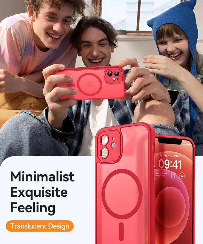 CANSHN Magnetic for iPhone 12 Mini Case, Upgraded [Full Camera Protection] [Compatible with Magsafe] [Translucent Matte] Shockproof Protective Phone Case for iPhone 12 Mini 5.4" - Red