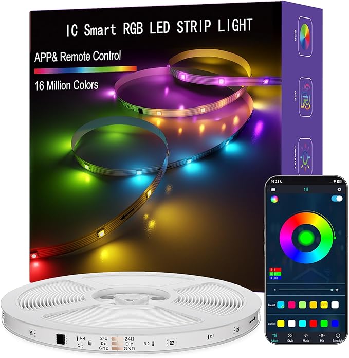 LED Lights for Bedroom, 50FT IC RGB LED Strip Lights, Color Changing, Multiple Colors Chasing Effects, APP & Remote Control, Timer Function, Music Sync Lights for Party, Home Decor