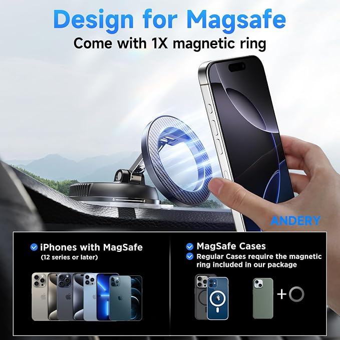 ANDERY Car Phone Holder for Magsafe [78+LBS Strongest Suction & 2400gf Magnetic] 360° Adjustable Car Phone Mount, Phone Holders for Your Car for iPhone 17-12 Pro Max Plus Air, Carbon Fiber