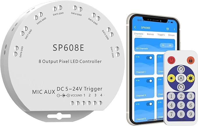 PAUTIX SP608E SPI Pixel LED Controller with 8 Signal Outputs,Work with RGB Smart IC COB LED Strips,Built-in Mic/AUX Music Bluetooth for WS2811 LED Module Pixel Strip Light APP/Remote/Trigger Control