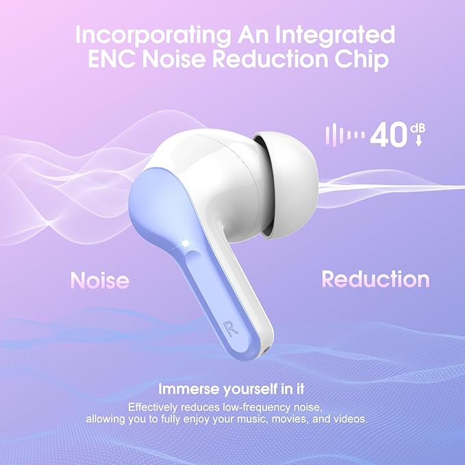 Wireless Earbuds, Bluetooth 5.4 Headphones HiFi Stereo, Bluetooth Earbuds with ENC Noise Cancelling Mic,IP7 Waterproof in Ear Earphones, 48H, LED Display Ear buds for Pad Phones Workout, White Purple