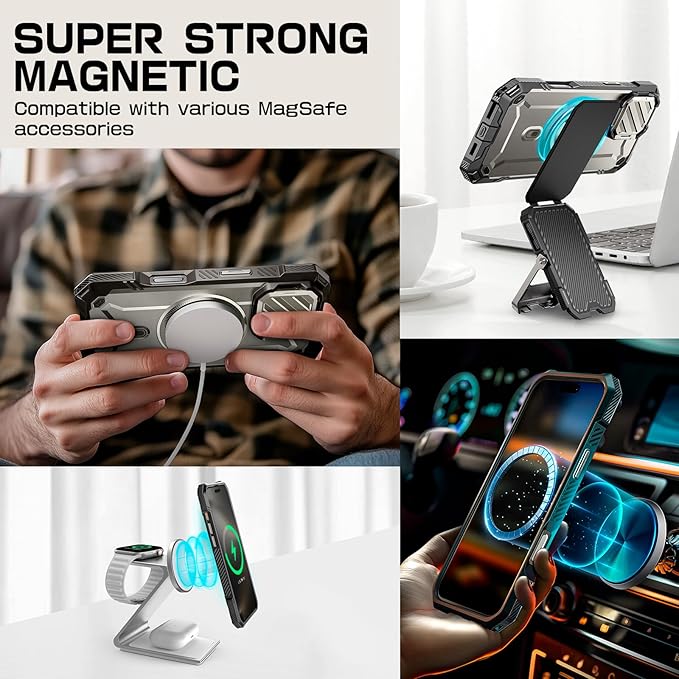 SUPCASE for iPhone 16 Pro Case 6.3'' inch with Camera Cover Stand (UBMag XT), [Compatible with MagSafe] [Built-in Kickstand] [Military-Grade Protection] Heavy Duty Rugged Magnetic Phone Case, 24TiGray